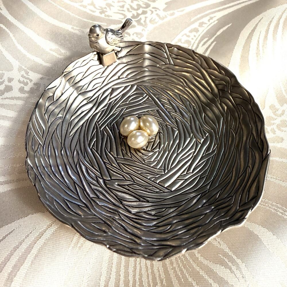 Vintage GANZ Pewter Birdβs Nest Trinket Or Ring Dish Faux Pearl Eggs 3β Gift